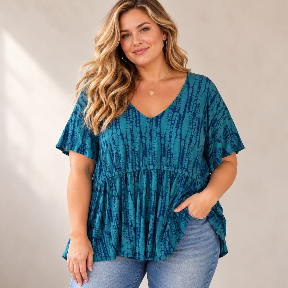 Lane Bryant Blouse Women’s 26/28 Blue Green Peplum Shorts Sleeve NWT